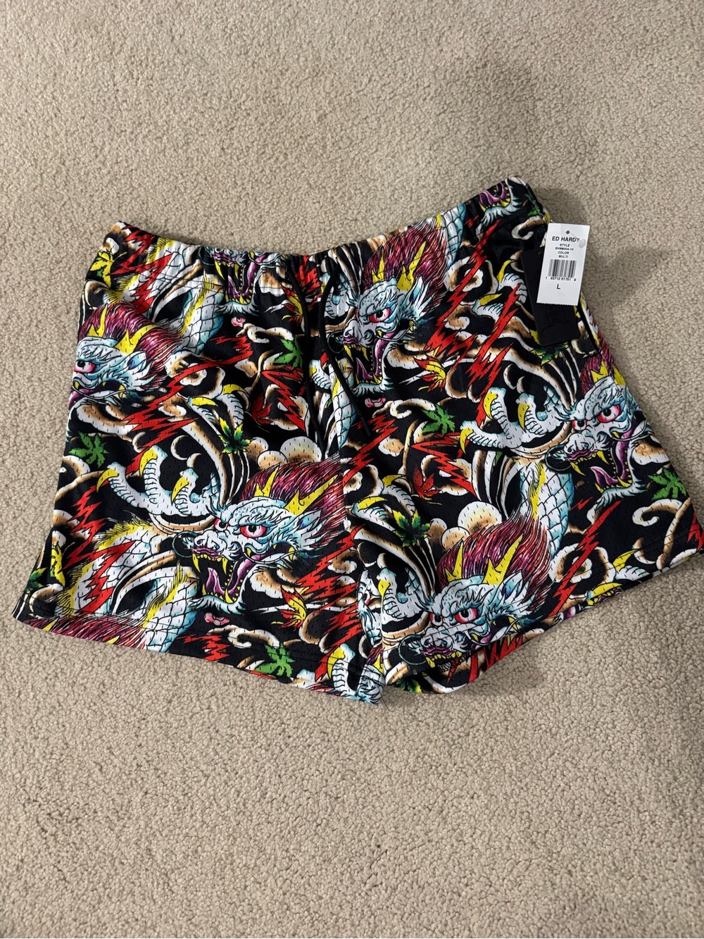 Ed Hardy Black Dragon-Print Athletic Shorts with Red, Yellow & Green Accents